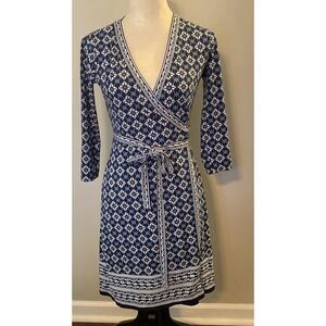 max studio wrap dress LS Blue and White Print Women's XS Career